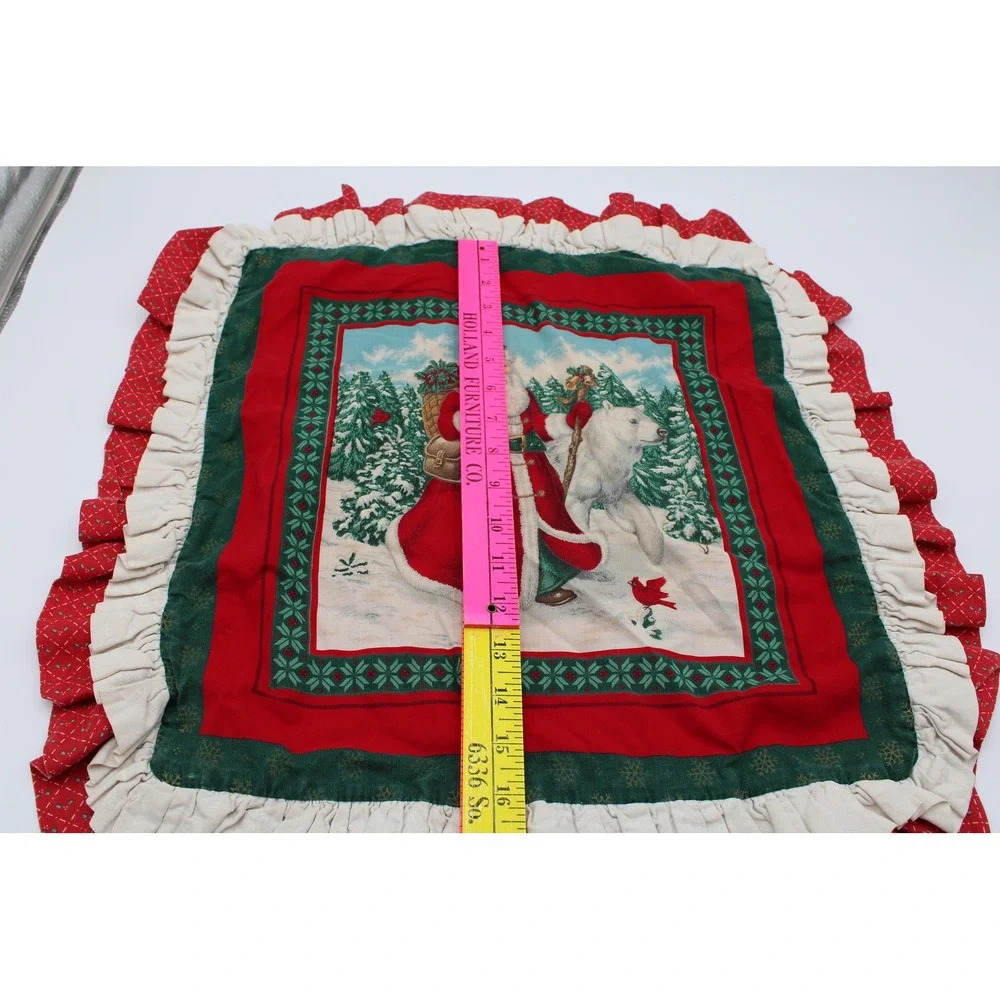 Vintage Christmas Pillow Sham Red Green Santa Claus Polar Bear Ruffle Square